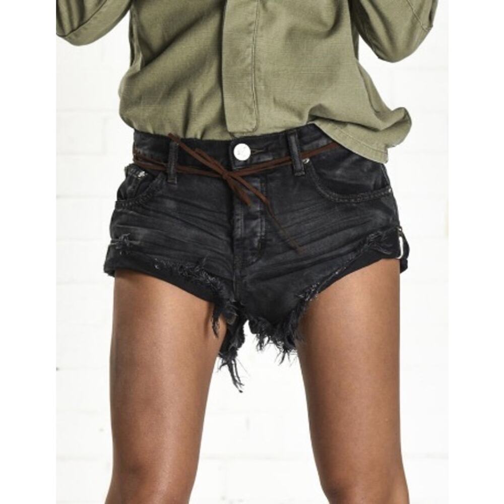 NWT One Teaspoon Sz 26 Frankies Black Van Cut Off Mid Rise Belted Jean Shorts